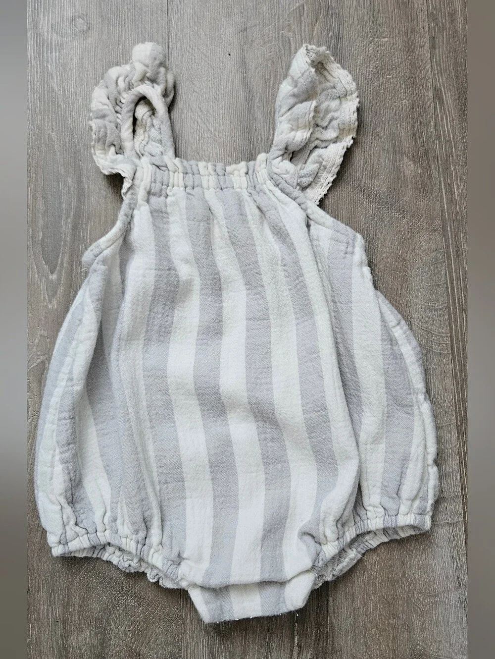 Quincy Mae Baby Striped Ruffle Romper - Gray and White